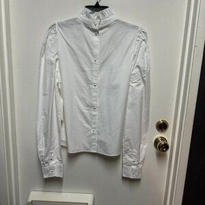 Frame blouse white with ruffles and high collar button down size L
